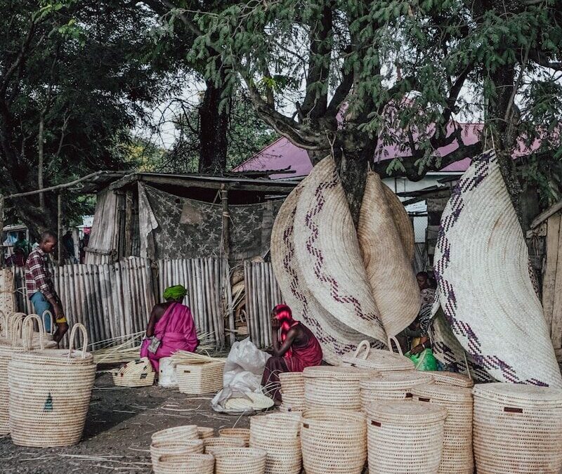 Woven baskets at an African market, representing the origin products that would gain a standalone right in Kenya under the GI Bill