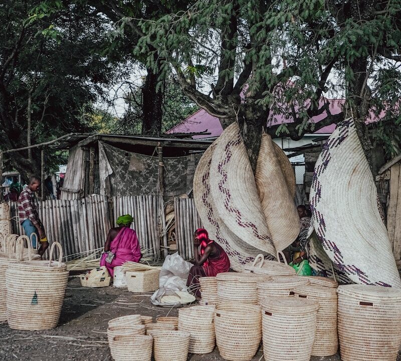 Woven baskets at an African market, representing the origin products that would gain a standalone right in Kenya under the GI Bill