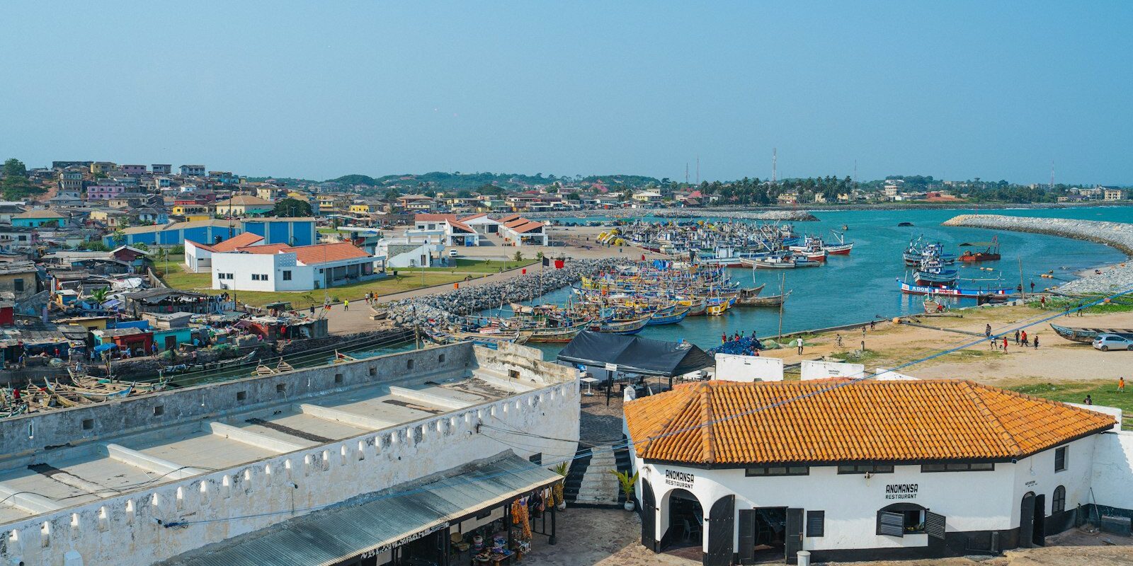 Historic African coastal fort overlooking a harbour, representing African trade under AfCFTA