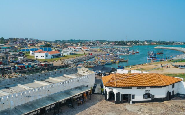 Historic African coastal fort overlooking a harbour, representing African trade under AfCFTA