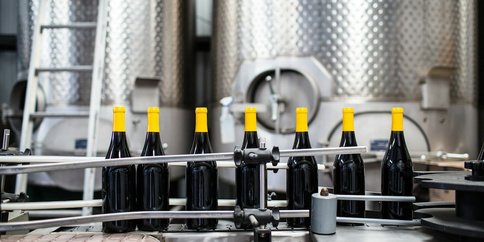 Bottles moving through a beverage manufacturing production line