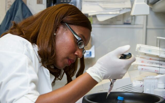 A scientist using a pipette to prepare a sample during mRNA vaccine technology transfer laboratory work