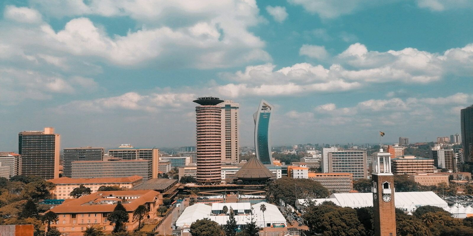 Aerial view of the Nairobi central business district skyline where Kenyan banks are headquartered