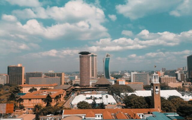 Aerial view of the Nairobi central business district skyline where Kenyan banks are headquartered
