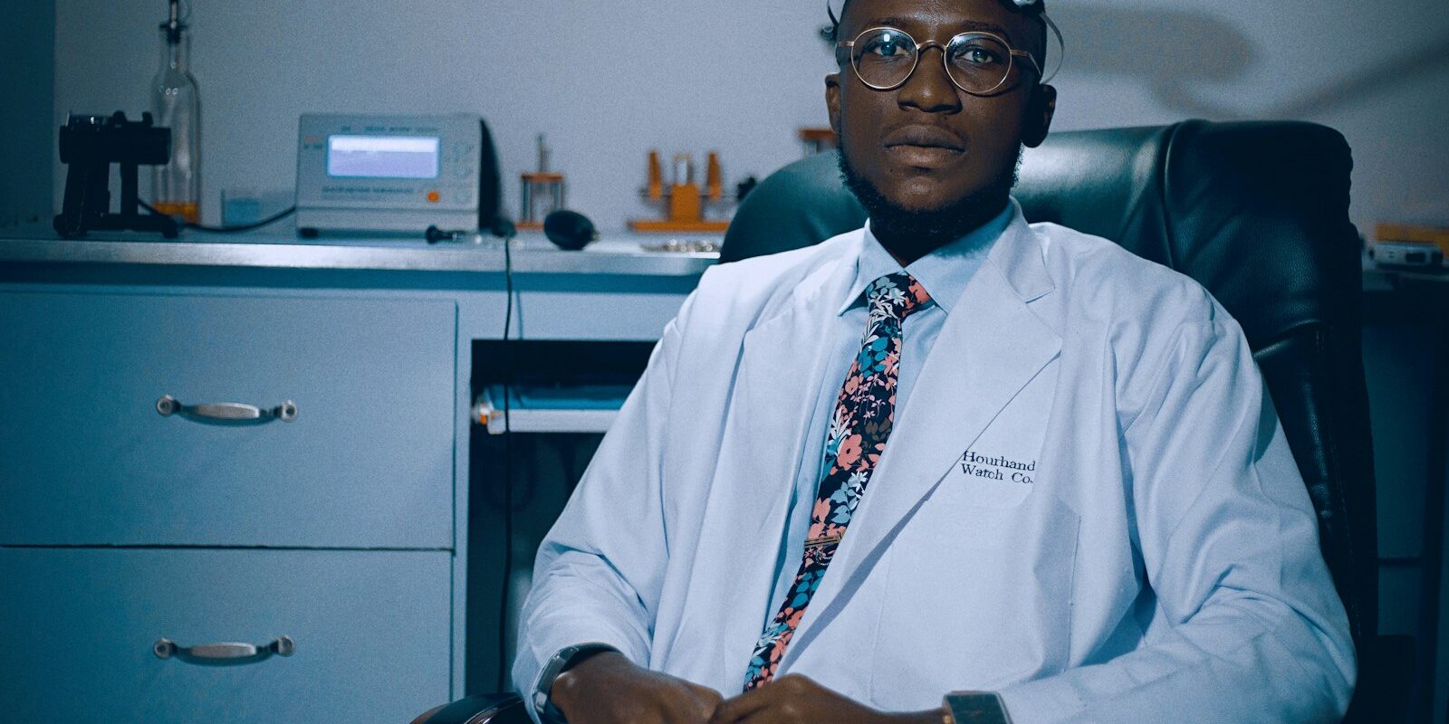 African pharmaceutical professional in a lab coat in a clinical laboratory setting
