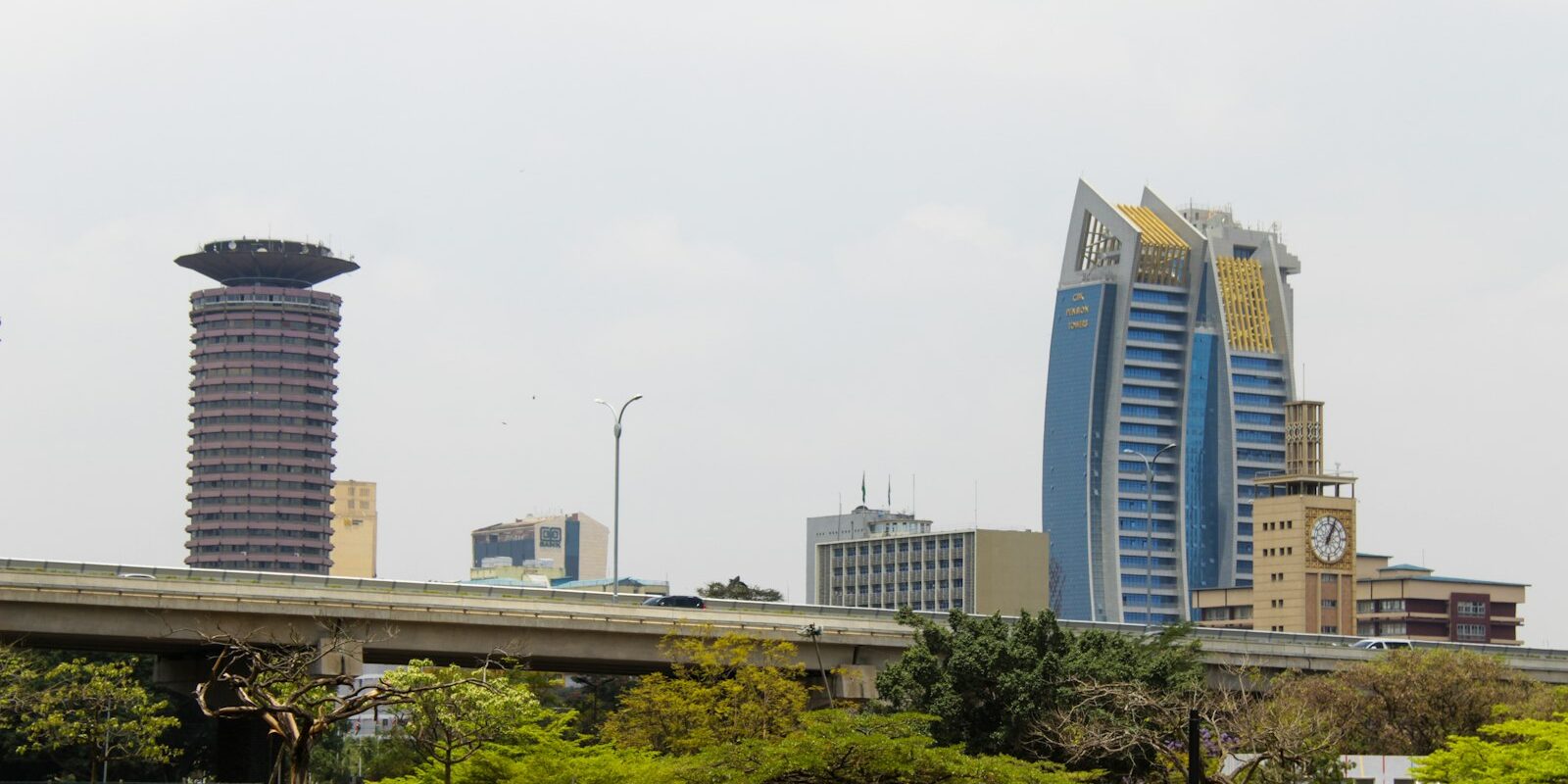 Nairobi towers and city park under an overcast sky