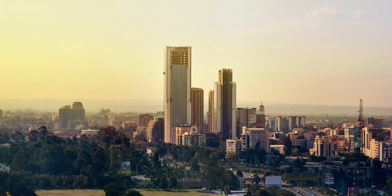 Nairobi skyline at dusk seen from a hill
