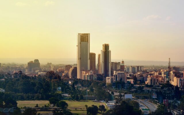 Nairobi skyline at dusk seen from a hill